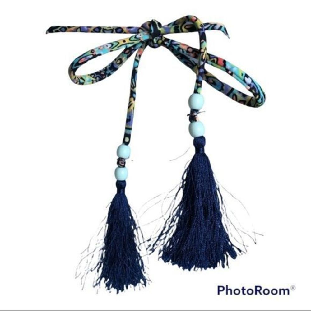Victoria’s Secret navy blue multi color triangle top with tassel ties small - Picture 7 of 7